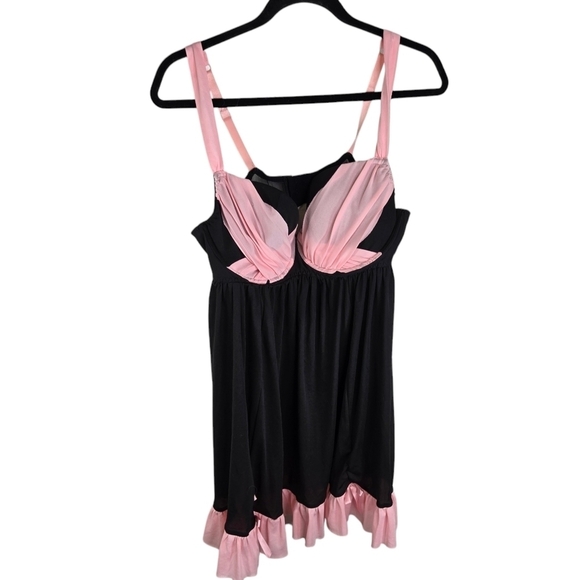 Cacique pink black ruffle coquette babydoll lingerie chemise - Picture 1 of 9
